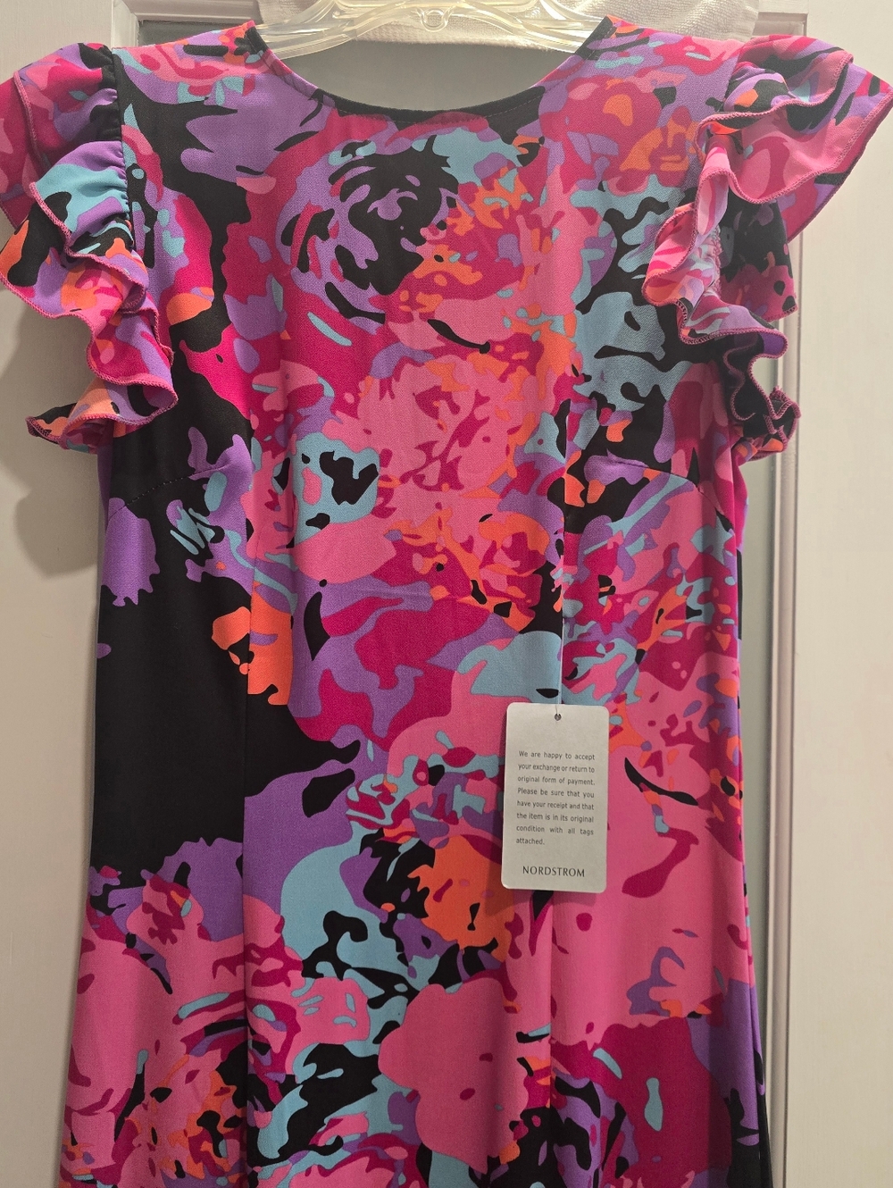 Chi Chi London Pink Multi Abstract Floral Dress, Flutter Sleeves & Hem,Sz:4, NWT